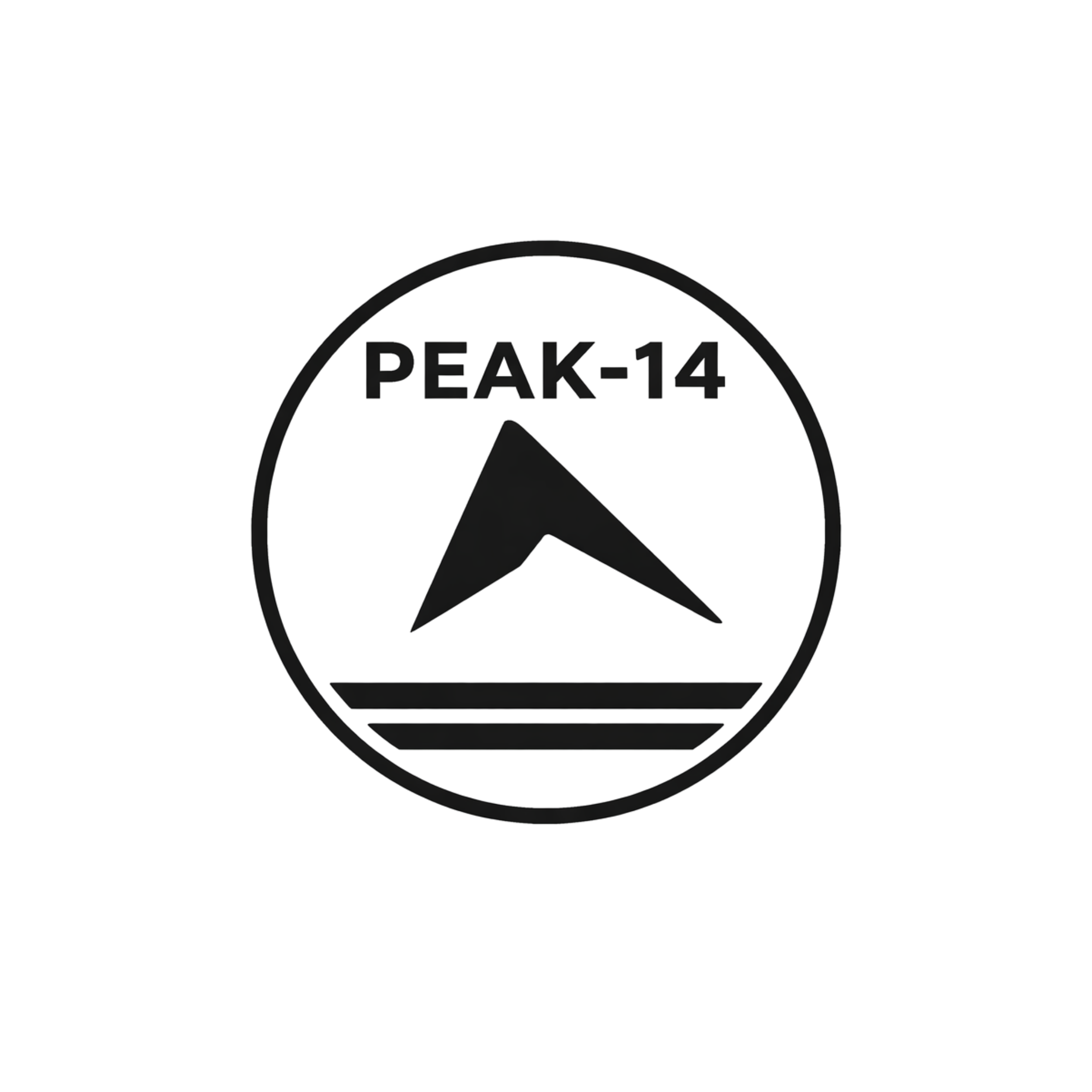 GPS navigation screen showing direction, with an upward pointing arrow, the label "PEAK-14," and three horizontal lines below.