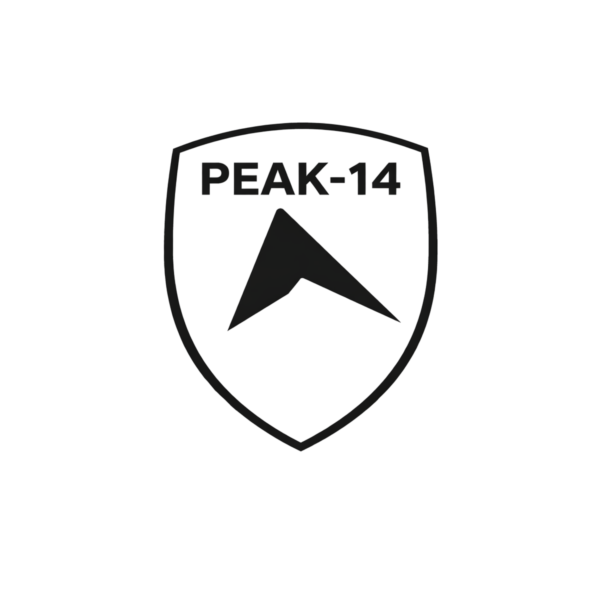 Black background featuring a shield-shaped logo with a gray border, a black arrow pointing upward in the center, and the text 'PEAK-14' in gray at the top of the shield.