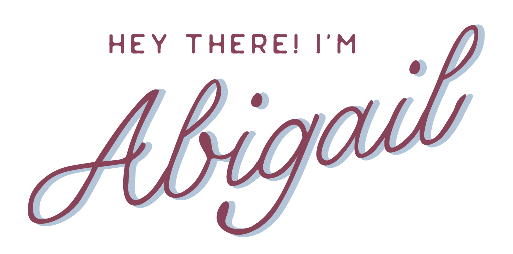 Text saying "Hey there! I'm Abigail" in a stylish font with purple and blue accents.