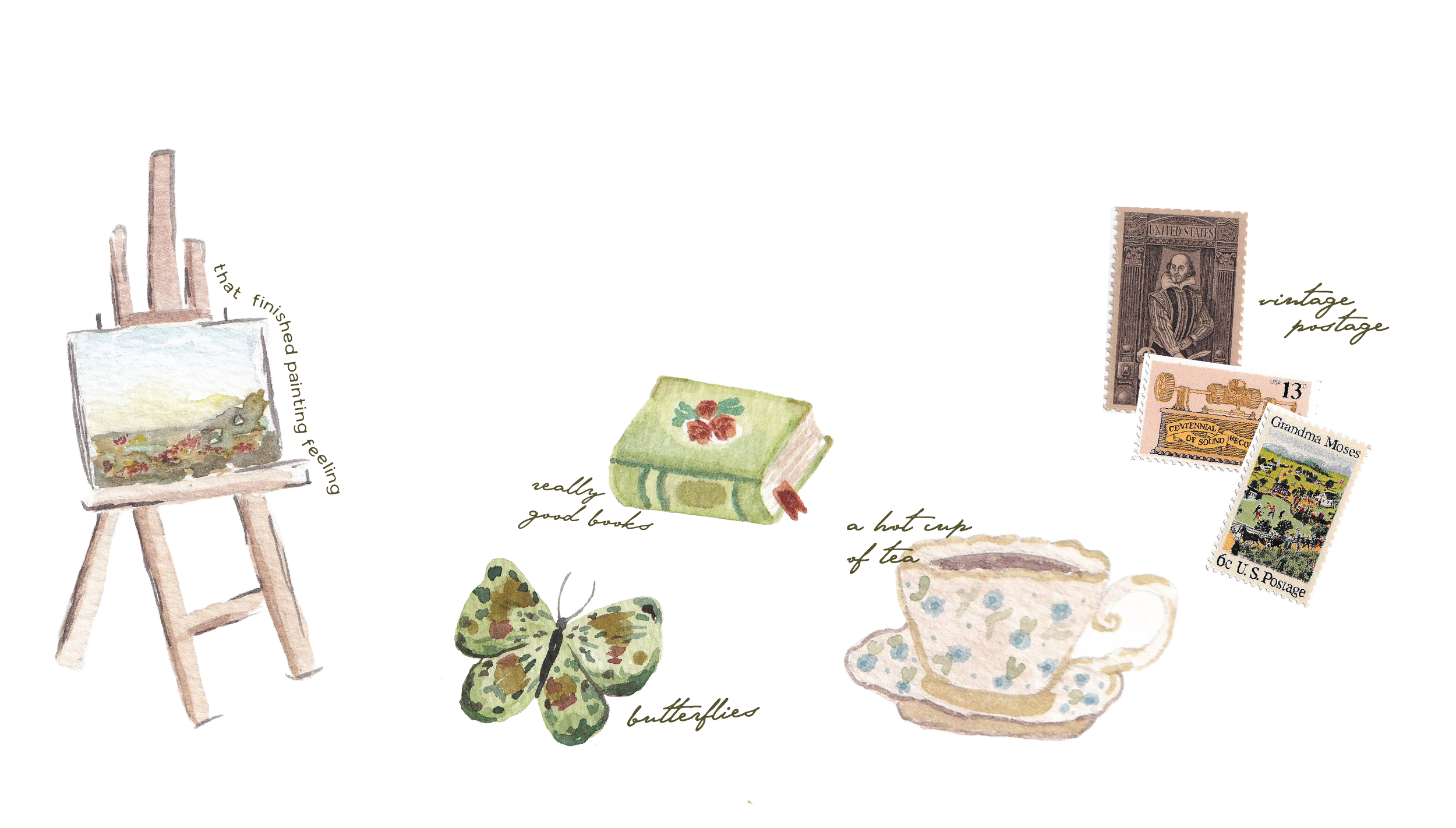 A collage of watercolor illustrations and vintage postage stamps, including a painter's easel with a landscape, a green floral notebook, a ceramic cup with a floral pattern, a butterfly, and stamps featuring a woman in historical attire, a trumpet, and a rural scene with animals.