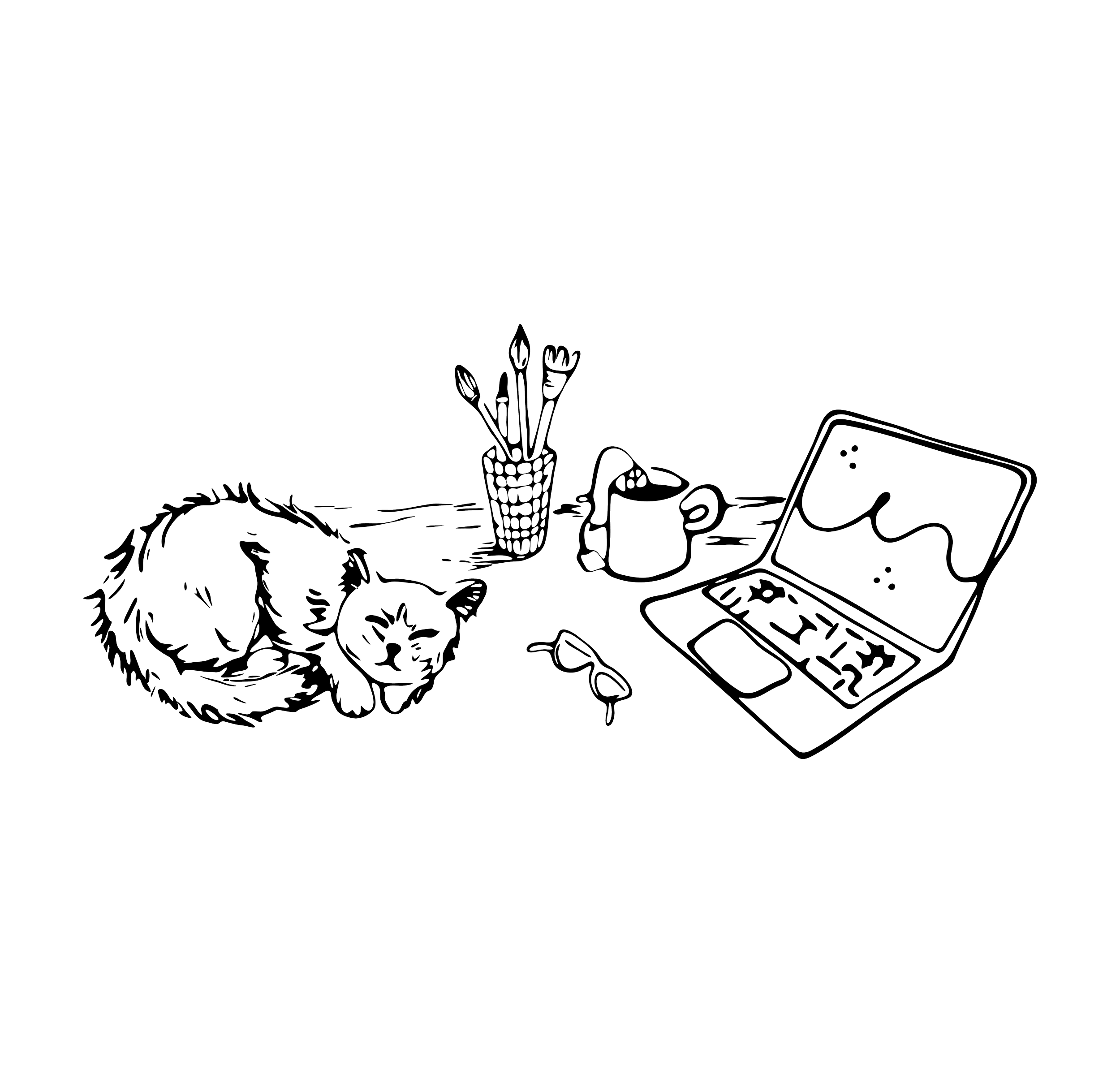 Line drawing of a cozy workspace with a sleeping cat, a laptop, glasses, a cup, a pencil holder, and a plant.