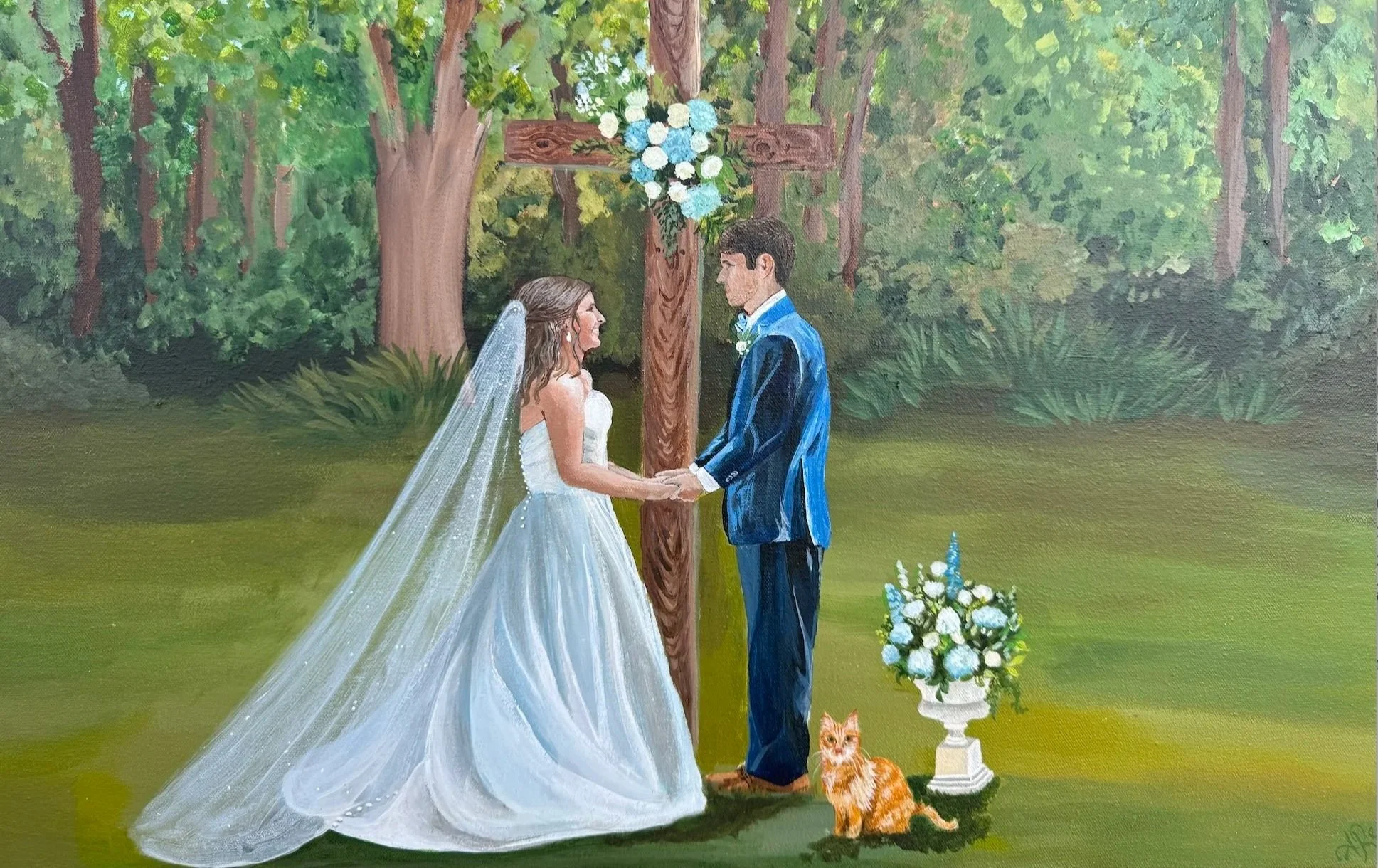 A painted wedding scene in a lush forest with a bride and groom holding hands in front of a wooden cross adorned with white and blue flowers. A white floral arrangement on a pedestal and a tabby cat are also present.