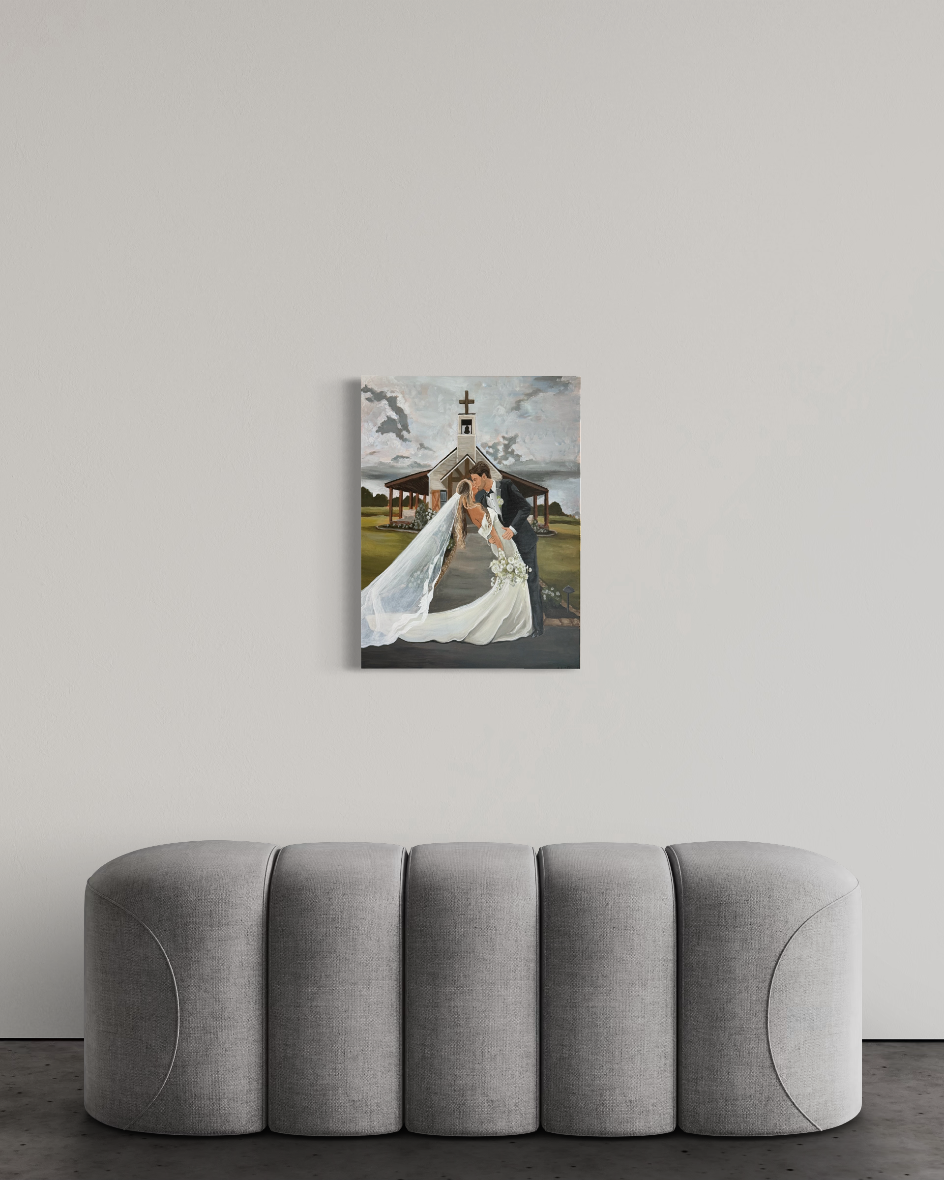 Painting of a newlywed couple kissing outside a church on a gray day, with the bride holding a bouquet of white flowers.
