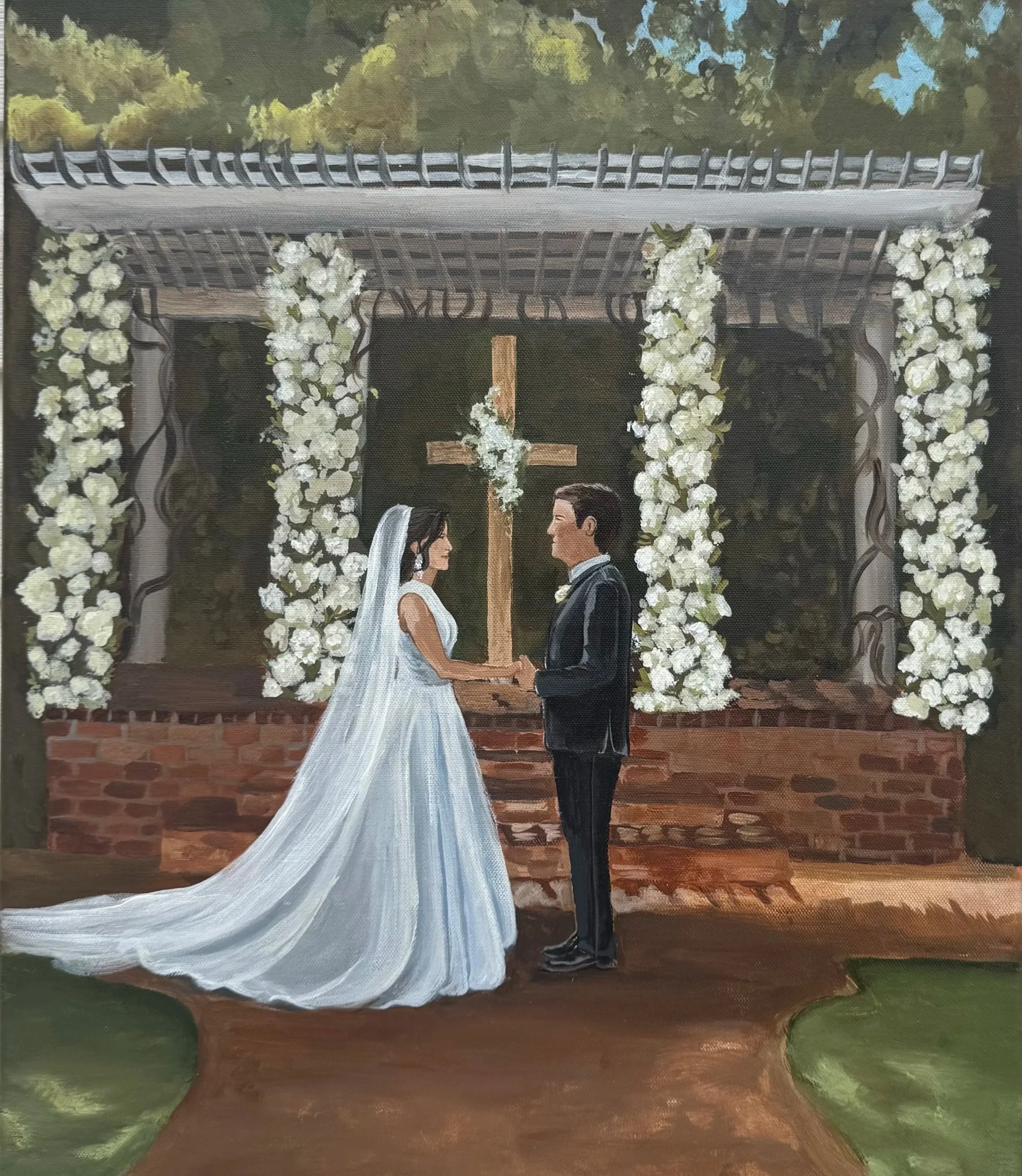 Painting of a bride and groom holding hands during their wedding ceremony outdoors, with a wooden cross decorated with flowers behind them, surrounded by an arch of white flowers.