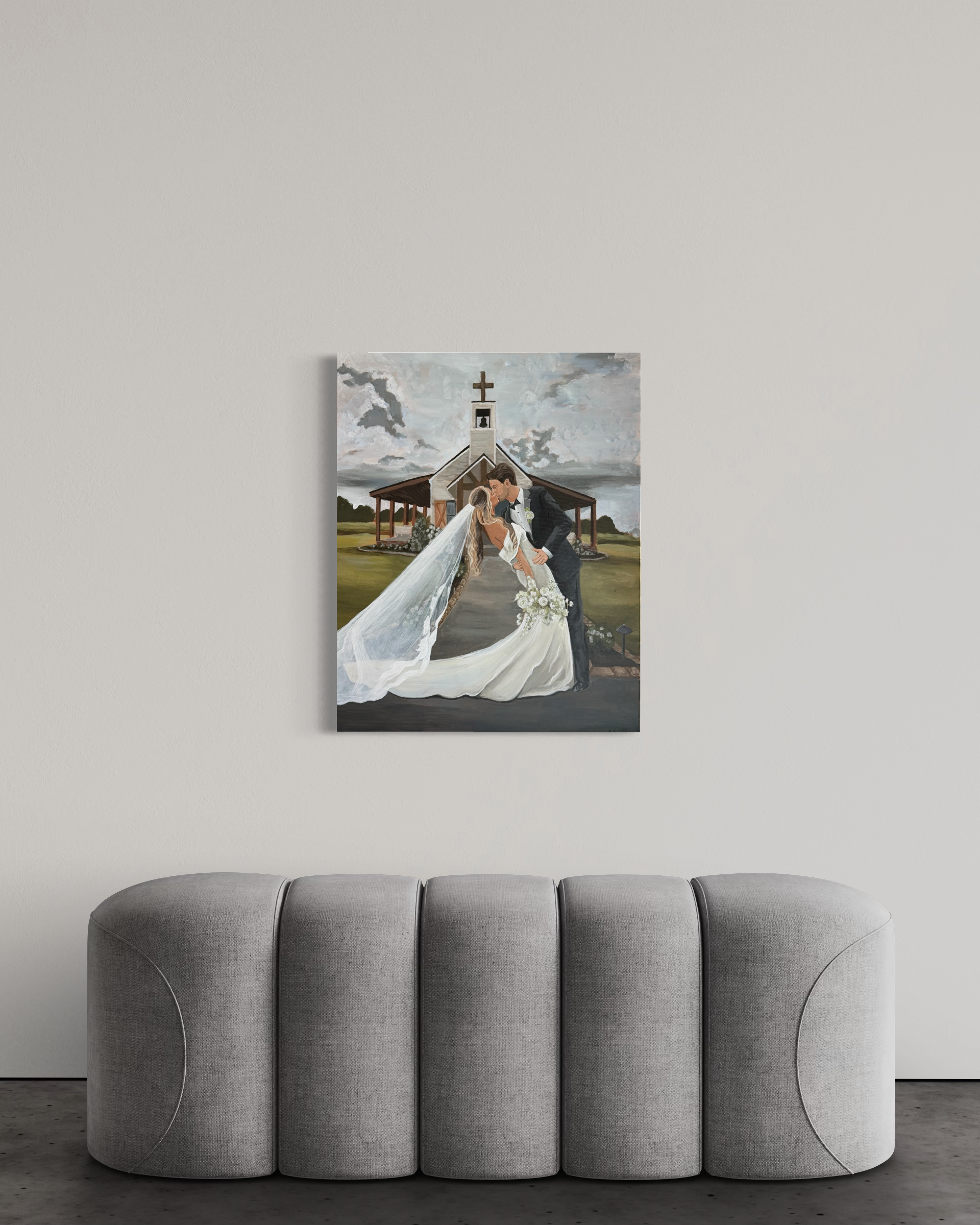 Painting of a bride and groom kissing outdoors in front of a church, with a cloudy sky overhead.