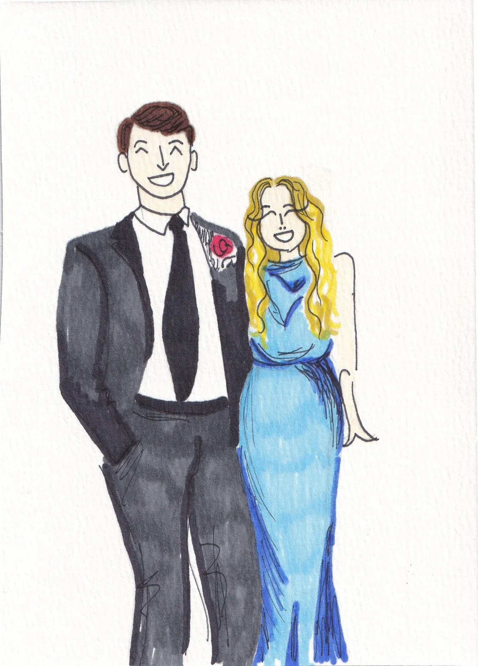 Hand-drawn illustration of a smiling man in a black tuxedo with a pink boutonniere and a smiling woman in a blue gown, standing close together.