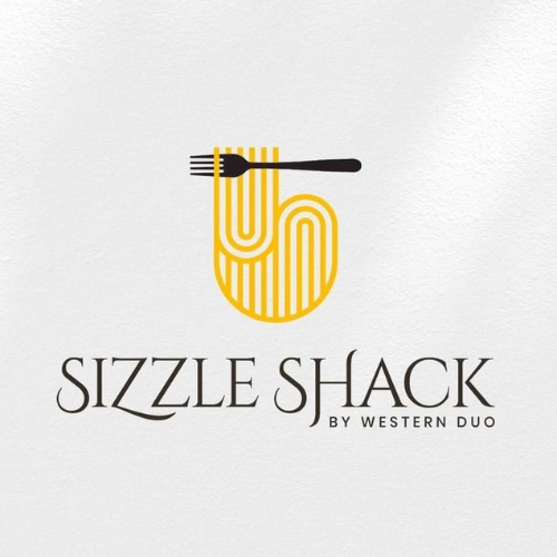 Logo for Sizzle Shack featuring a stylized yellow curving shape with a black fork at the top.