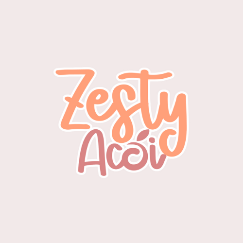 Logo with the words "Zesty Acai" in a playful, handwritten font in peach and mauve colors on a light background.