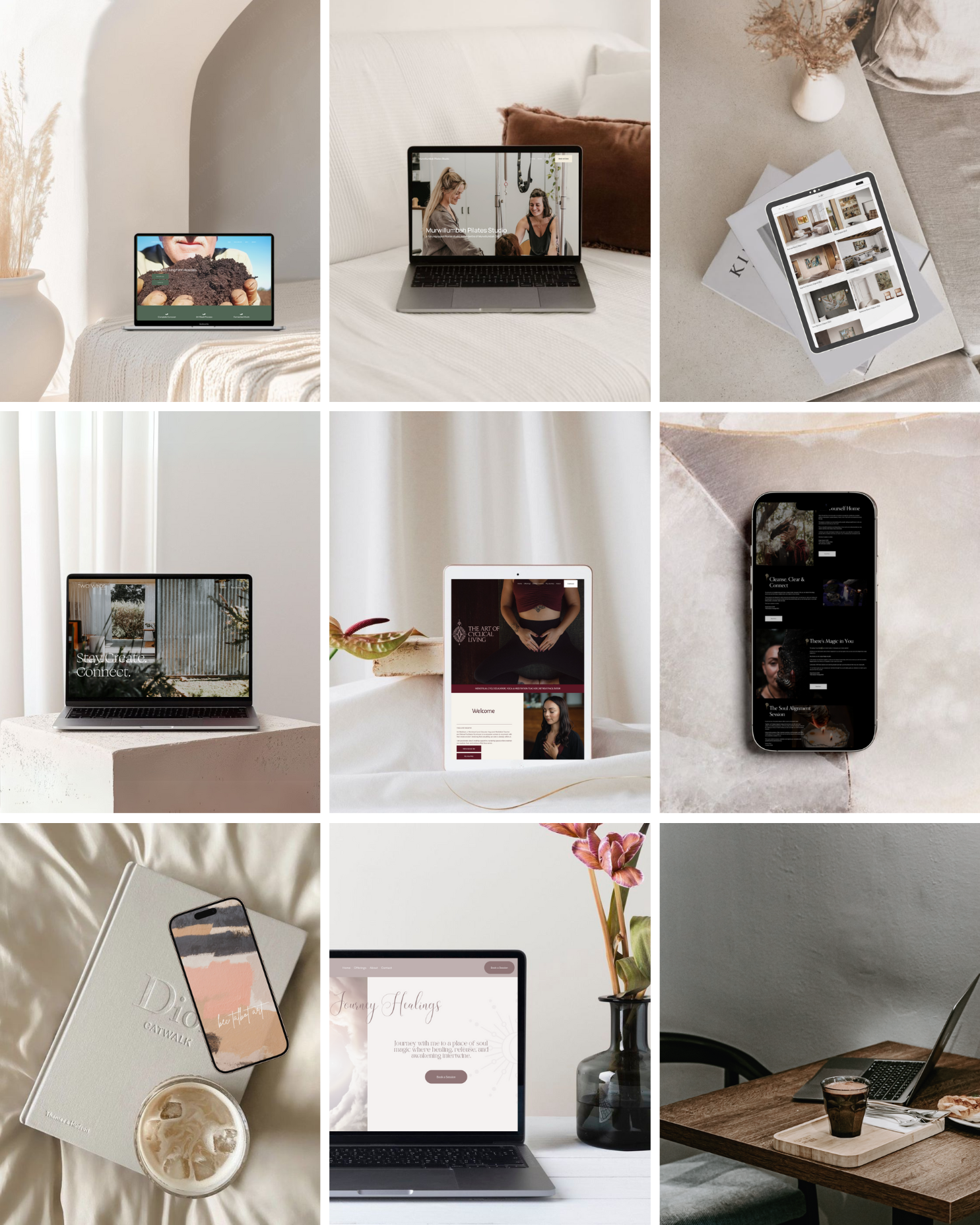 Collage of nine images showing electronic devices and home decor: laptops, tablets, a smartphone, a book, and a coffee mug on beds, tables, and surfaces in a cozy, minimalist style.
