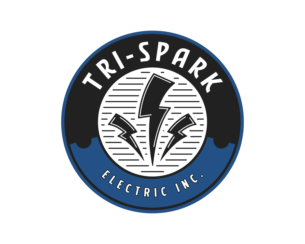Logo of Tri-Spark Electric Inc., featuring three lightning bolts inside a circular design with black, white, and blue colors.