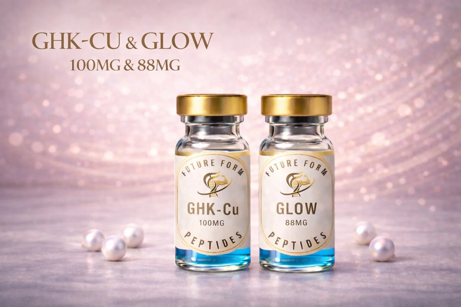 Two small glass vials with gold caps and labels reading 'GHK-Cu 100mg' and 'Glow 88mg', standing on a pink, glittery background with scattered pearls.