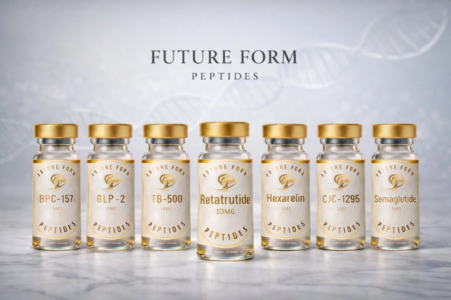 Seven small glass vials with golden caps displaying peptide labels, including BPC-157, GLP-2, TB-500, Retatrutide, Hexarelin, CJC-1295, and Semaglutide, on a white surface with a DNA strand background and a heading that says 'Future Form Peptides'.