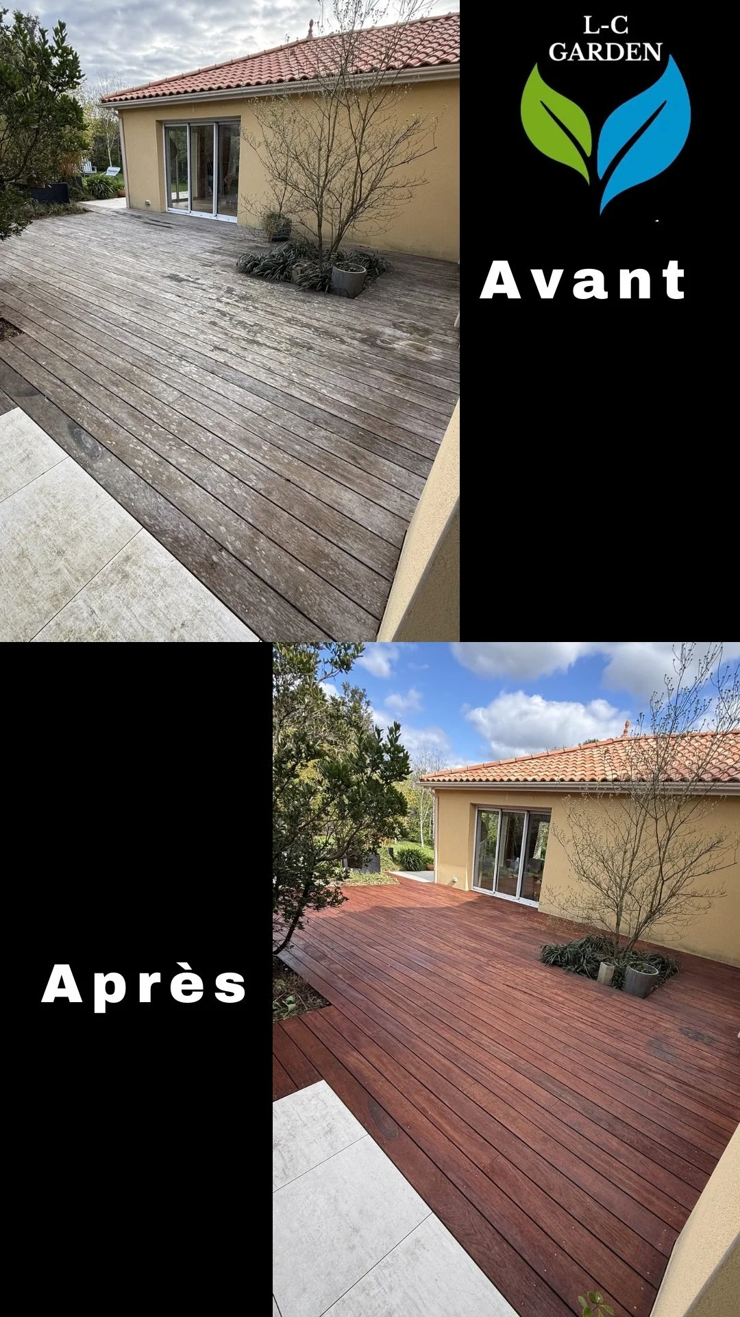 Transformation d'une terrasse en bois du mauvais état à un nouveau revêtement en bois plus esthétique et rénové.