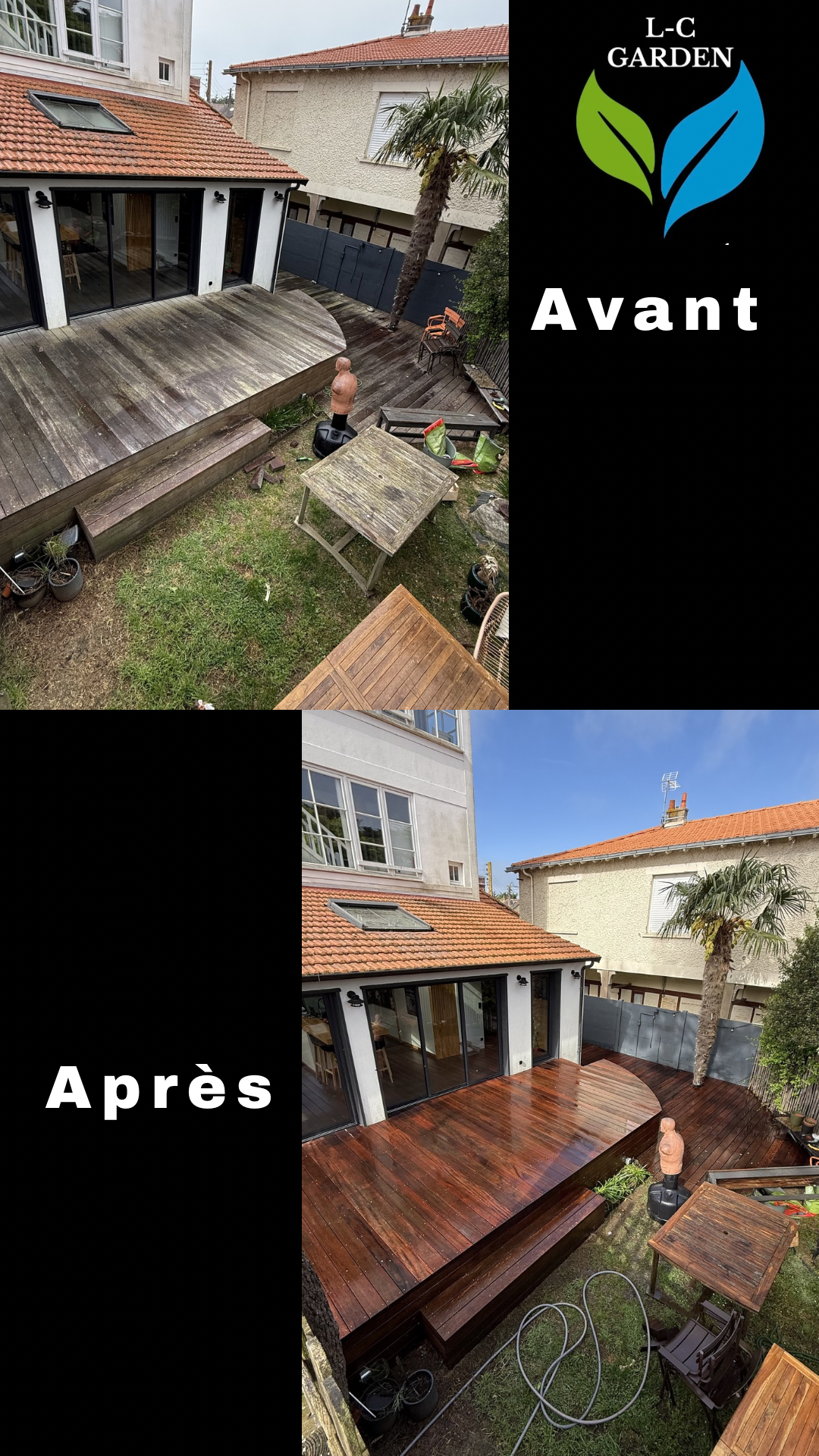 Avant et après de la rénovation d'une terrasse en bois, montrant le changement du sol. La section 'Avant' montre une terrasse en bois usée et sale, tandis que la section 'Après' montre la même terrasse rénovée, propre et brillant 