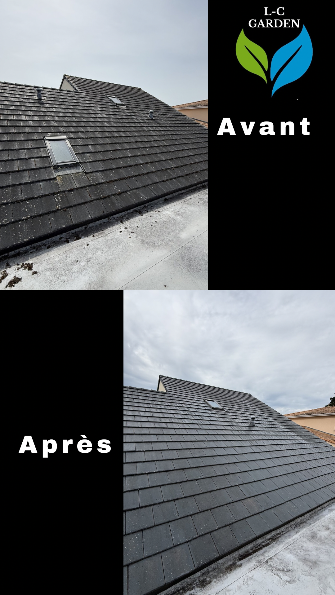 Deux images comparant un toit avant et après un nettoyage ou une rénovation. La première montre un toit sale avec de la saleté, des mousses et des débris. La seconde montre le même toit propre, sans saleté, avec des tuiles brillantes, sous un ciel nuageux.