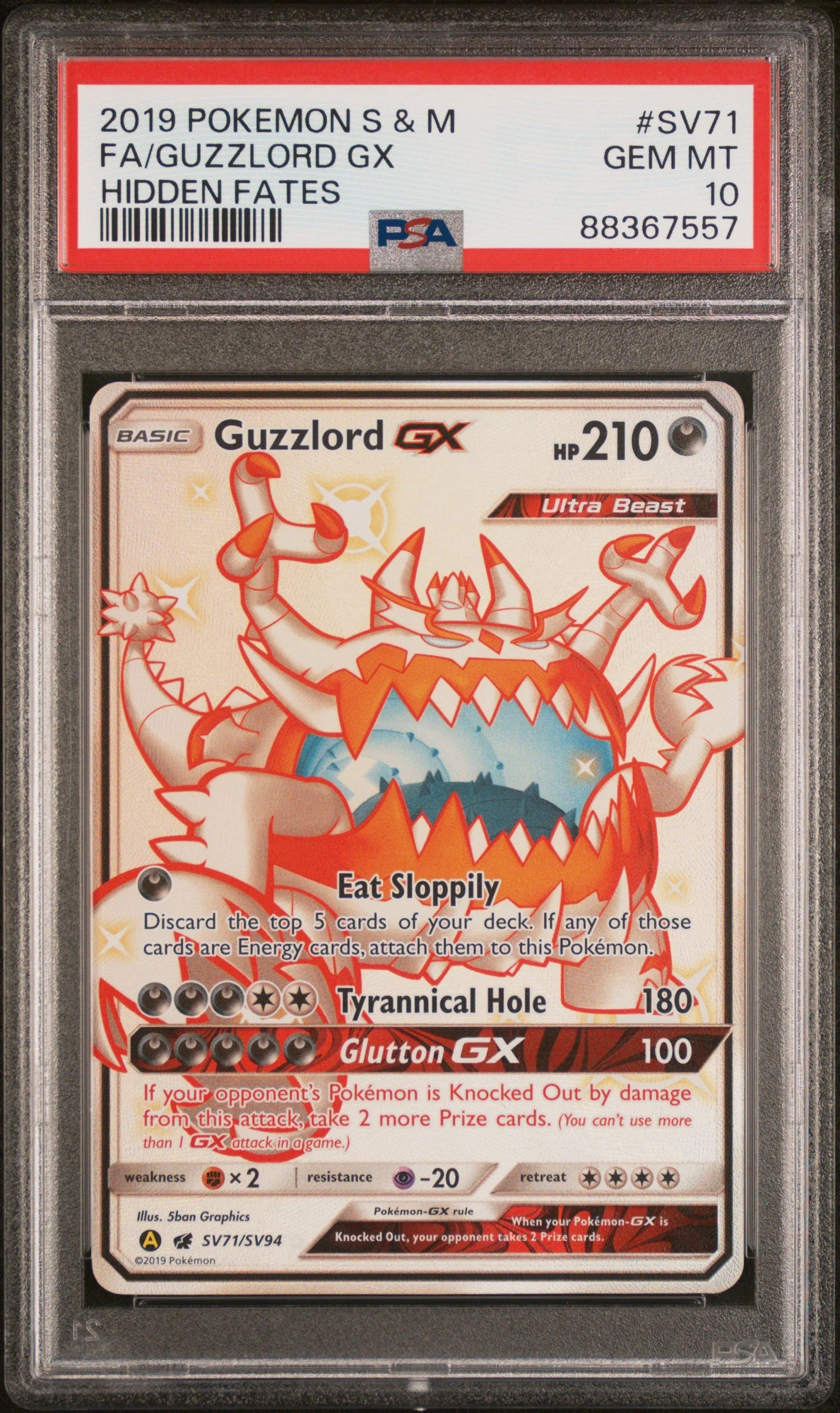 PSA 10 2019 POKEMON SUN & MOON HIDDEN FATES #SV71 FULL ART/GUZZLORD GX HIDDEN FATES