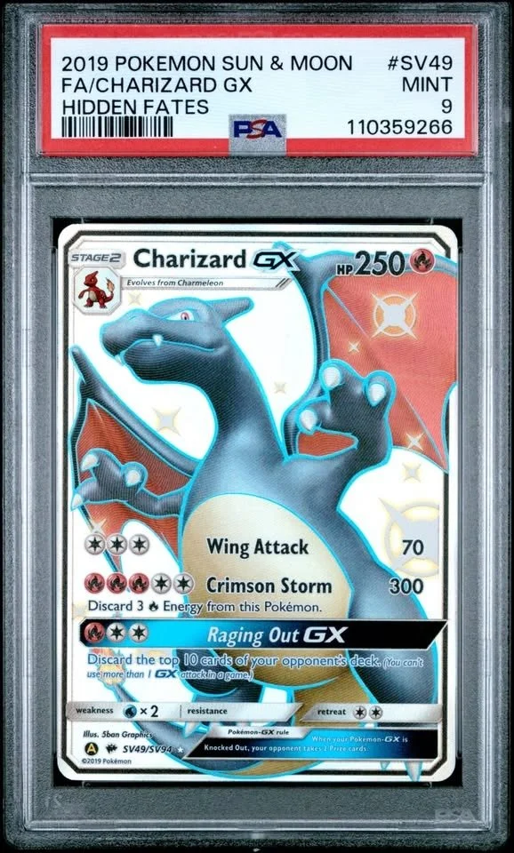PSA 9 2019 POKEMON SUN & MOON HIDDEN FATES #SV49 FULL ART/CHARIZARD GX HIDDEN FATES SECRET RARE