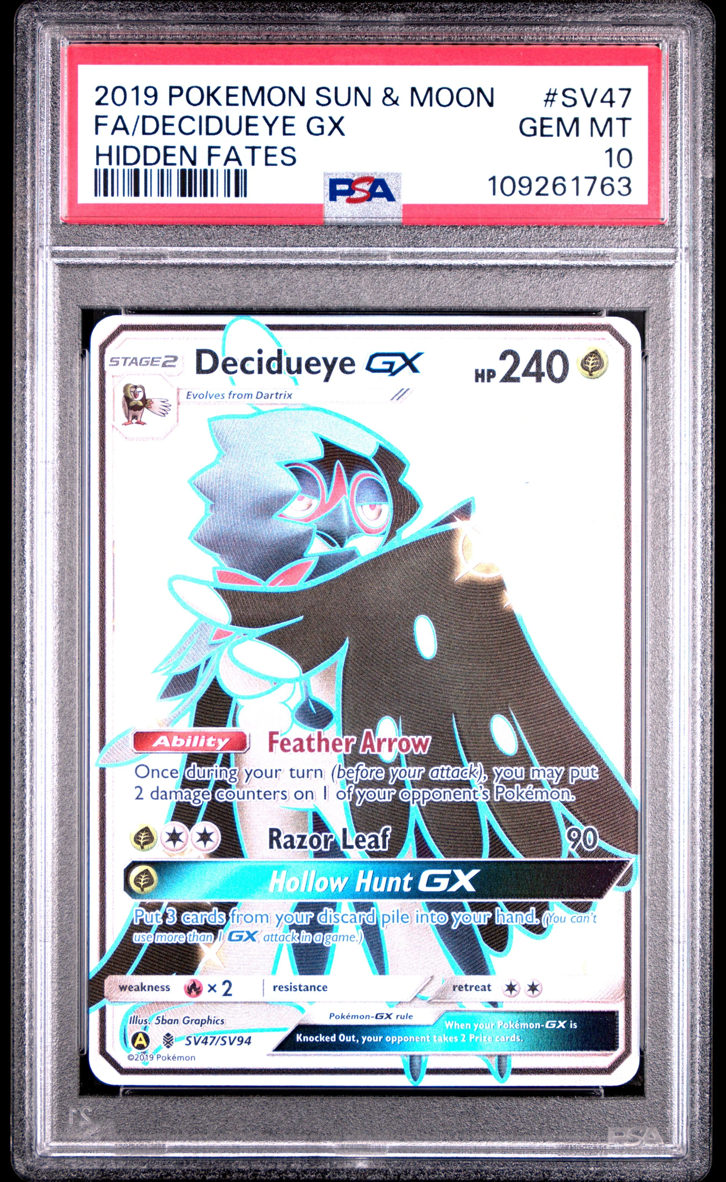 2019 POKEMON SUN & MOON HIDDEN FATES #SV47 FULL ART/DECIDUEYE GX PSA 10