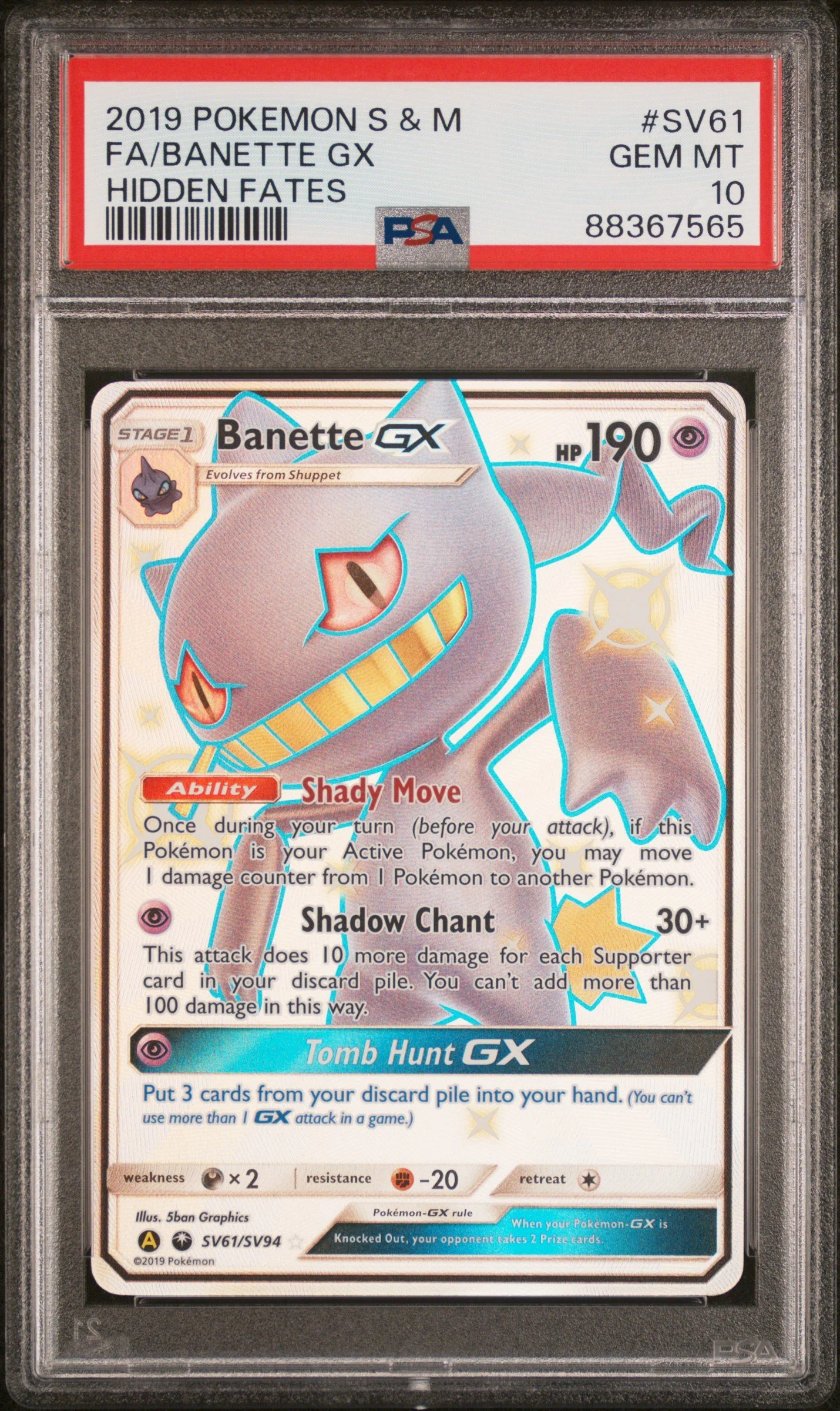 PSA 10 2019 POKEMON SUN & MOON HIDDEN FATES #SV61 FULL ART/BANETTE GX