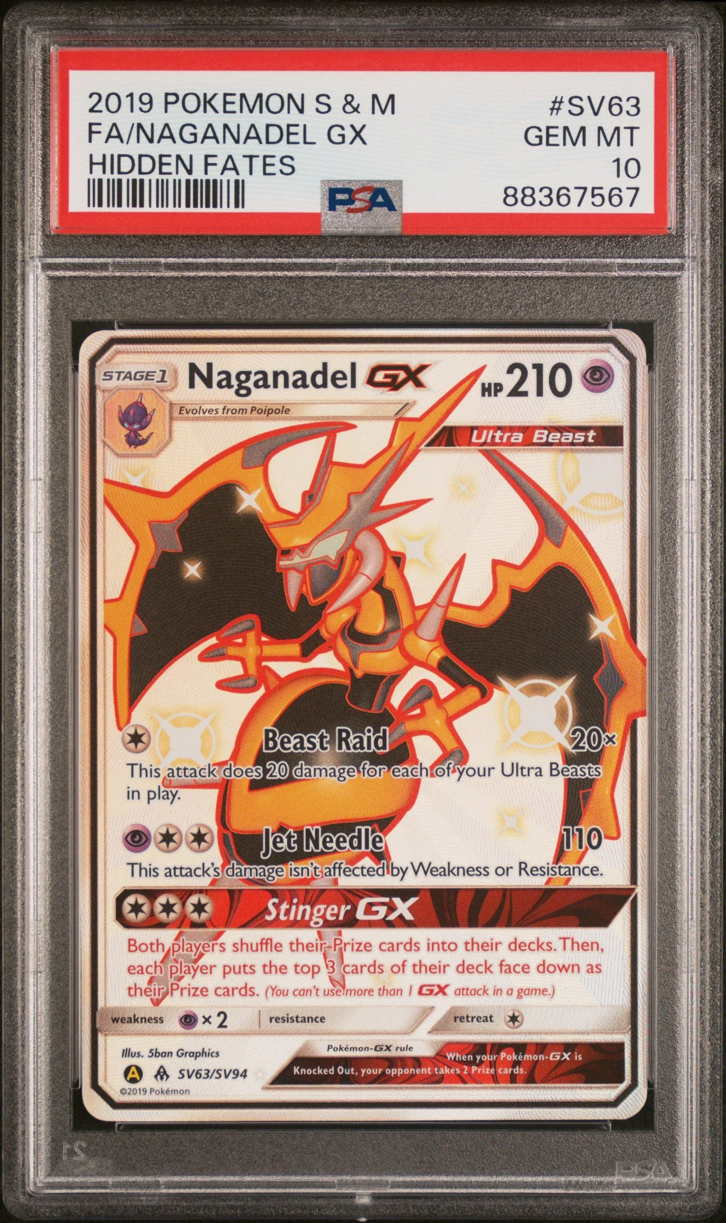 PSA 10 2019 POKEMON SUN & MOON HIDDEN FATES #SV63 FULL ART/NAGANADEL GX