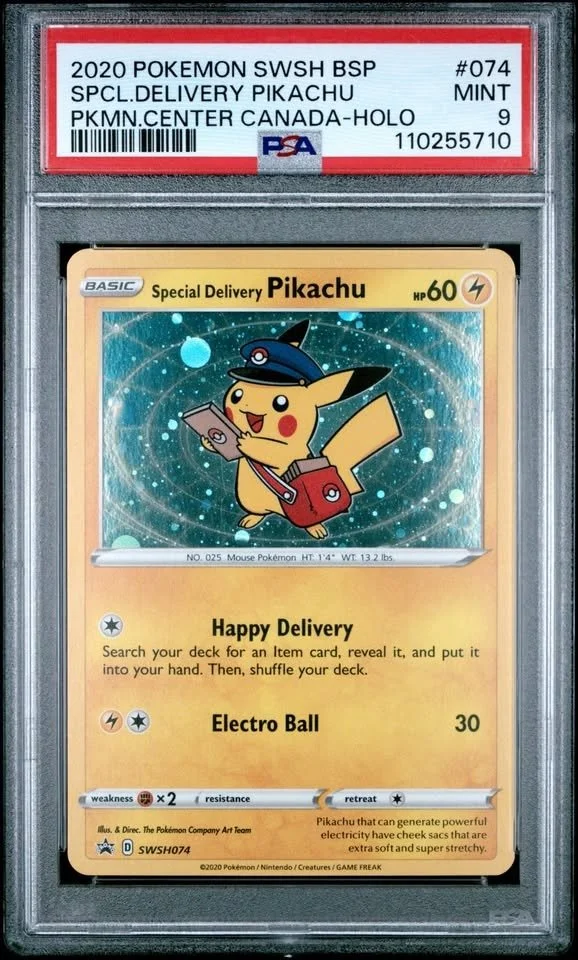 2020 POKEMON SWSH BLACK STAR PROMO #074 SPCL.DELIVERY PIKACHU PKMN.CENTER CANADA-HOLO PSA 9