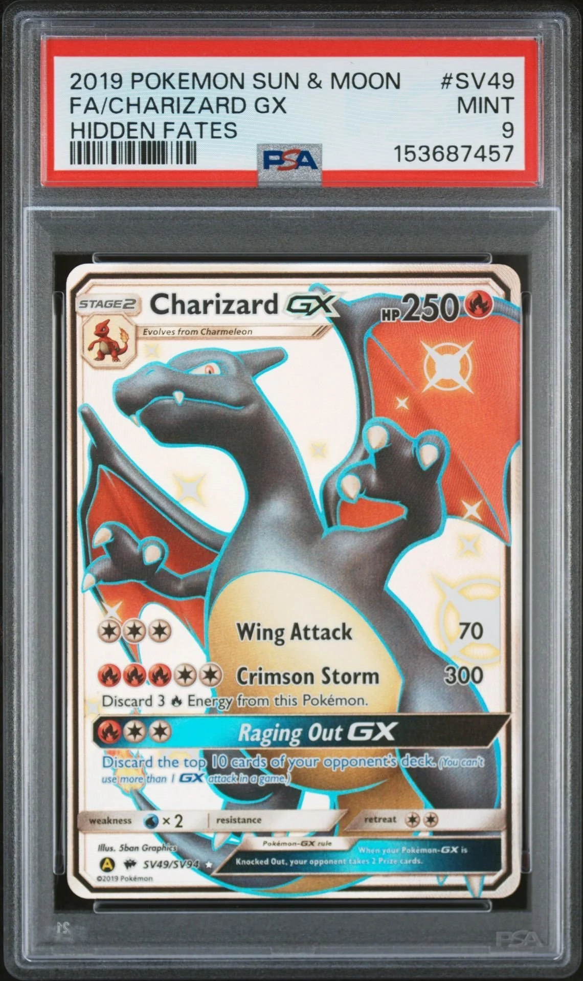 PSA 10 - 2019 POKEMON SUN & MOON HIDDEN FATES FULL ART/CHARIZARD GX SV49