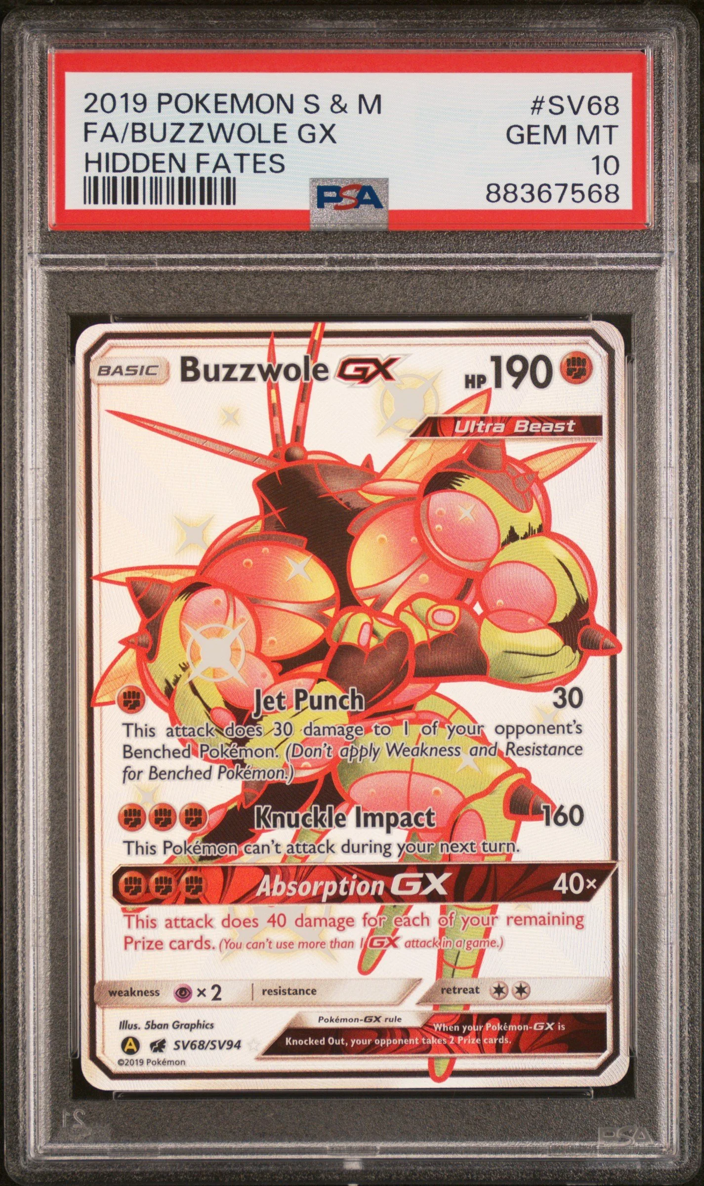 PSA 10 2019 POKEMON SUN & MOON HIDDEN FATES #SV68 FULL ART/BUZZWOLE GX