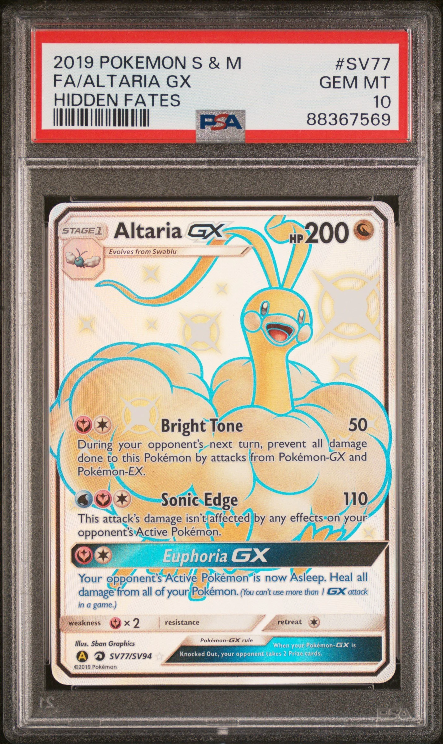 2019 POKEMON SUN & MOON HIDDEN FATES #SV77 FULL ART/ALTARIA GX HIDDEN FATES PSA 10
