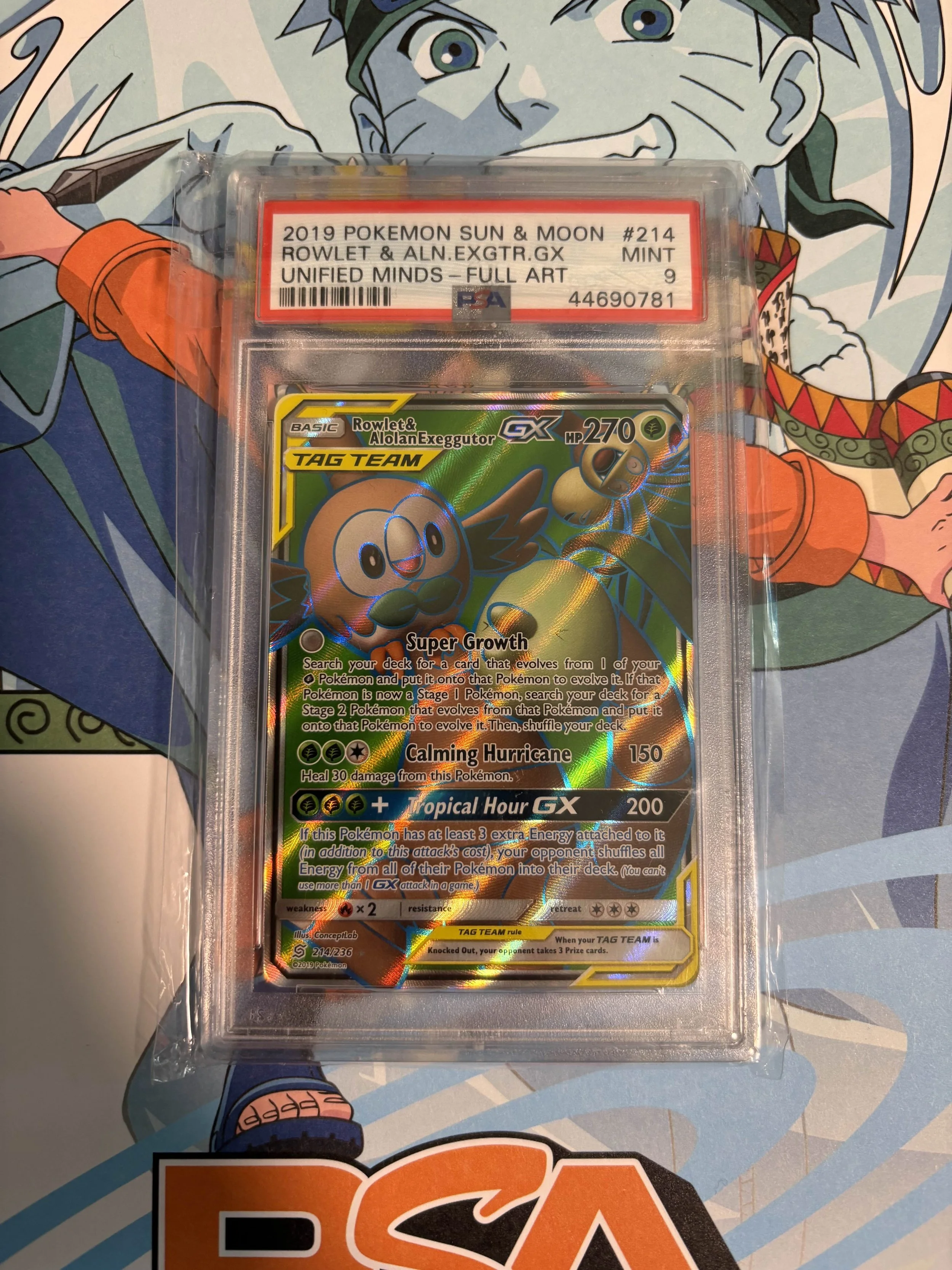 2019 POKEMON SUN & MOON UNIFIED MINDS #214 FULL ART/ROWLET & ALOLAN EXEGGUTOR GX PSA 9 MINT