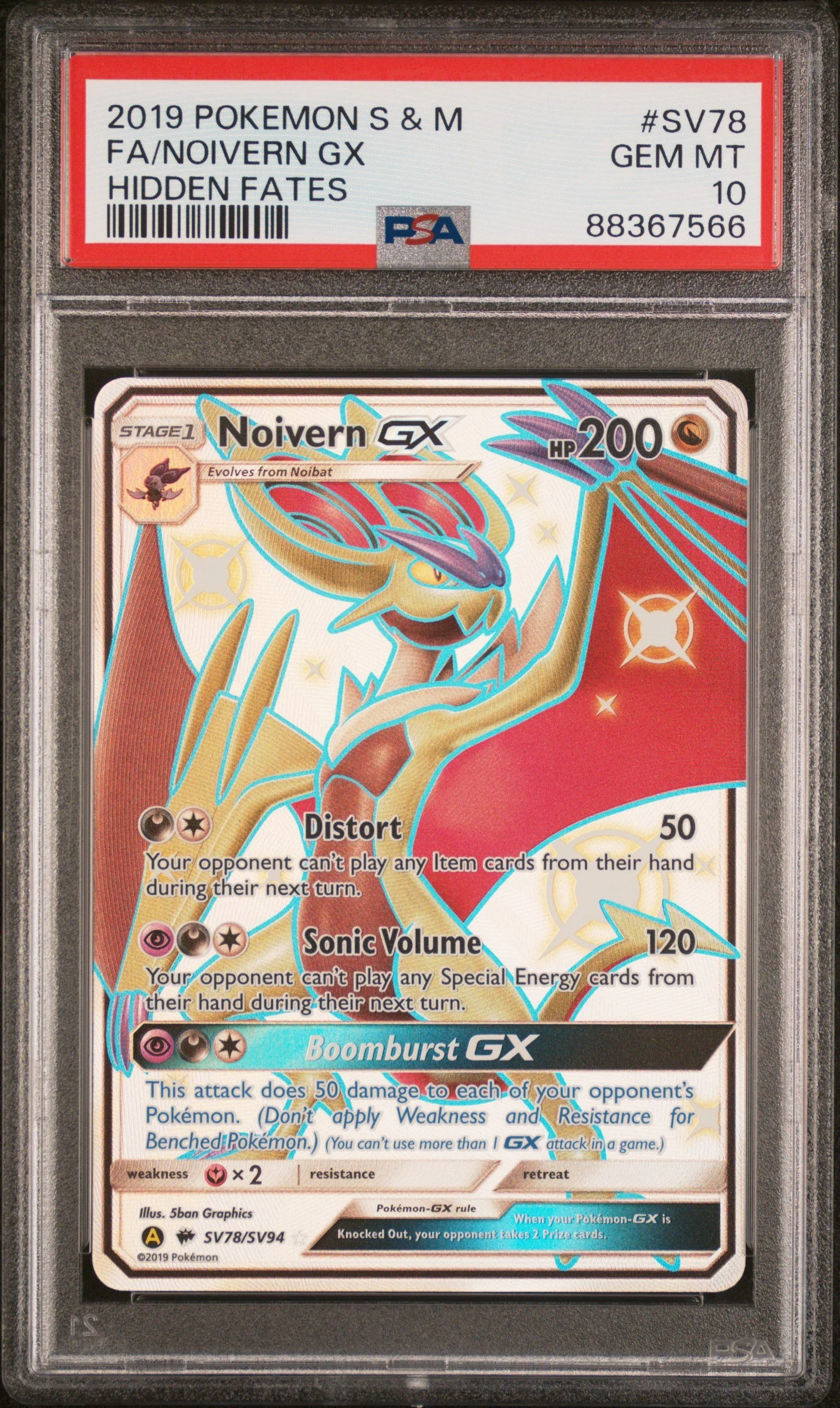 2019 POKEMON SUN & MOON HIDDEN FATES #SV78 FULL ART/NOIVERN GX PSA 10