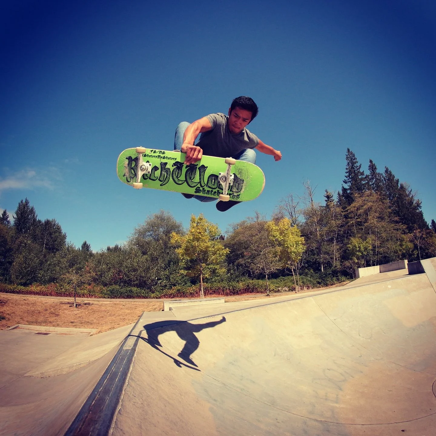 Skateboarder performing an ollie at the skatepark on a sunny day with clear blue sky and trees in the background.