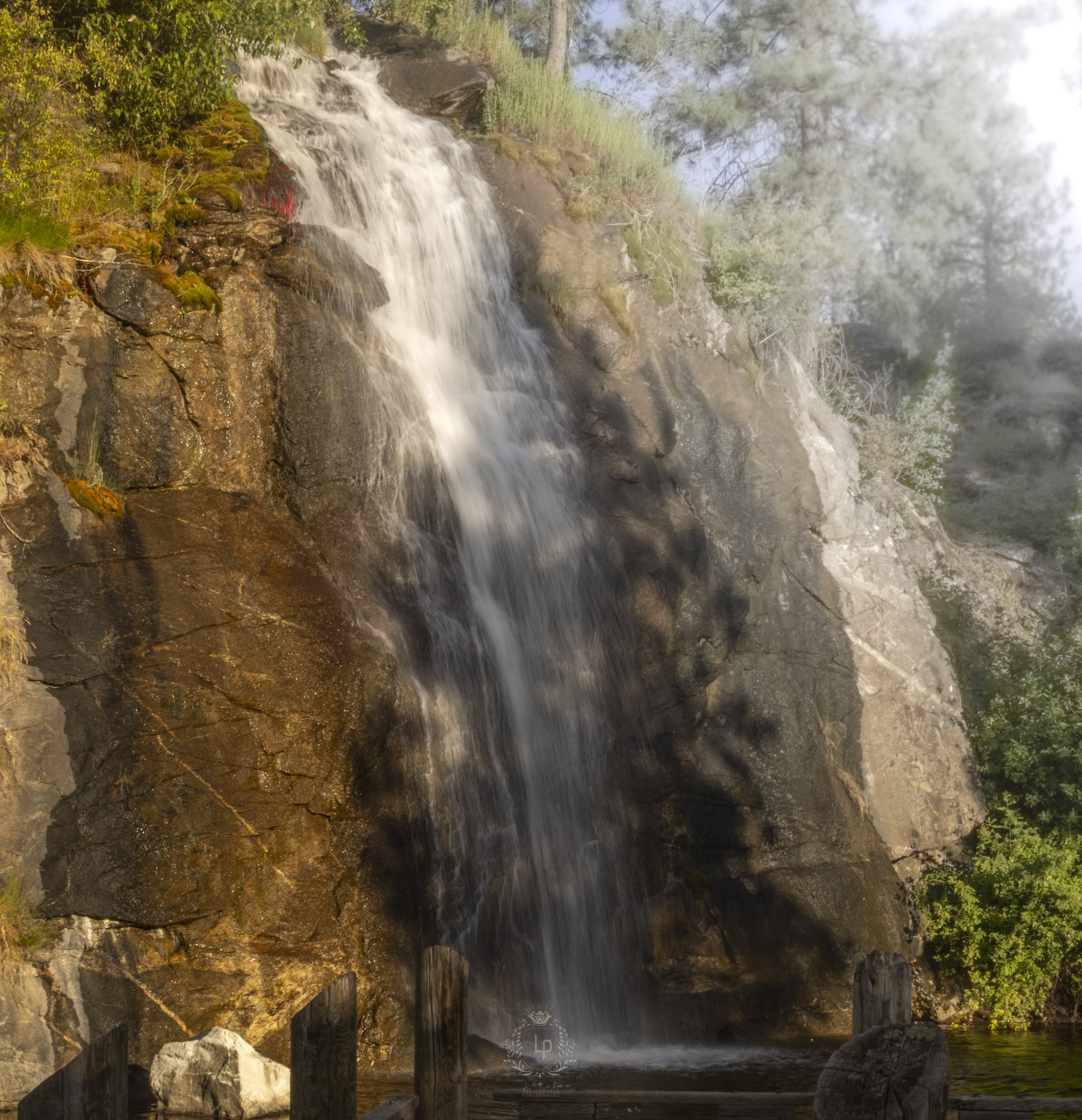 A waterfall cascading down a rocky cliffside, surrounded by lush green trees and foliage, with sunlight illuminating parts of the scene.