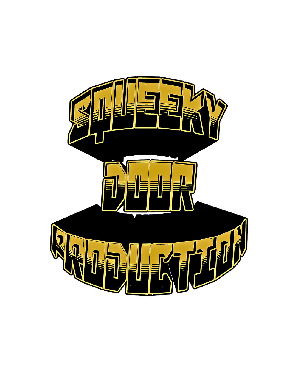 Text with a stylized metallic gold appearance saying 'Squeezy Dorp Production' on a black background.