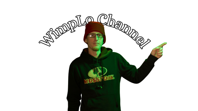 Person wearing glasses, a red beanie, and a Mossy Oak hoodie, pointing to the right, with text "Wimplo Channel" curved above.