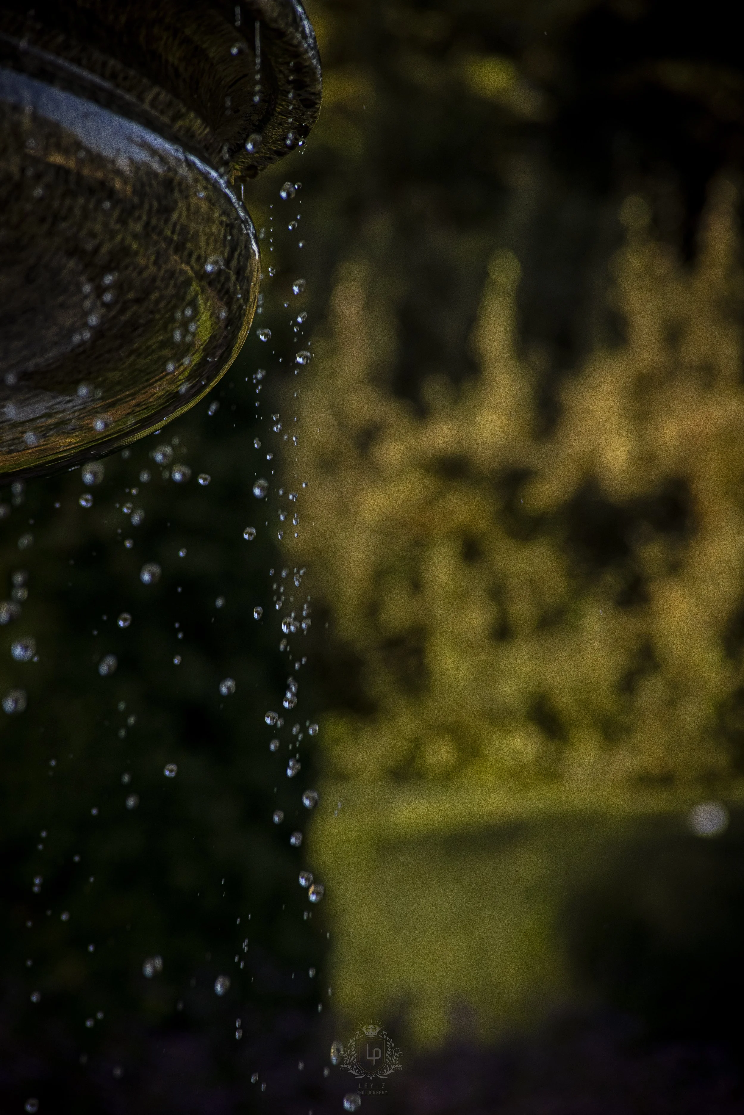 Close-up of water dripping from the side of a metal fountain or statue, with a blurred green and brown background.