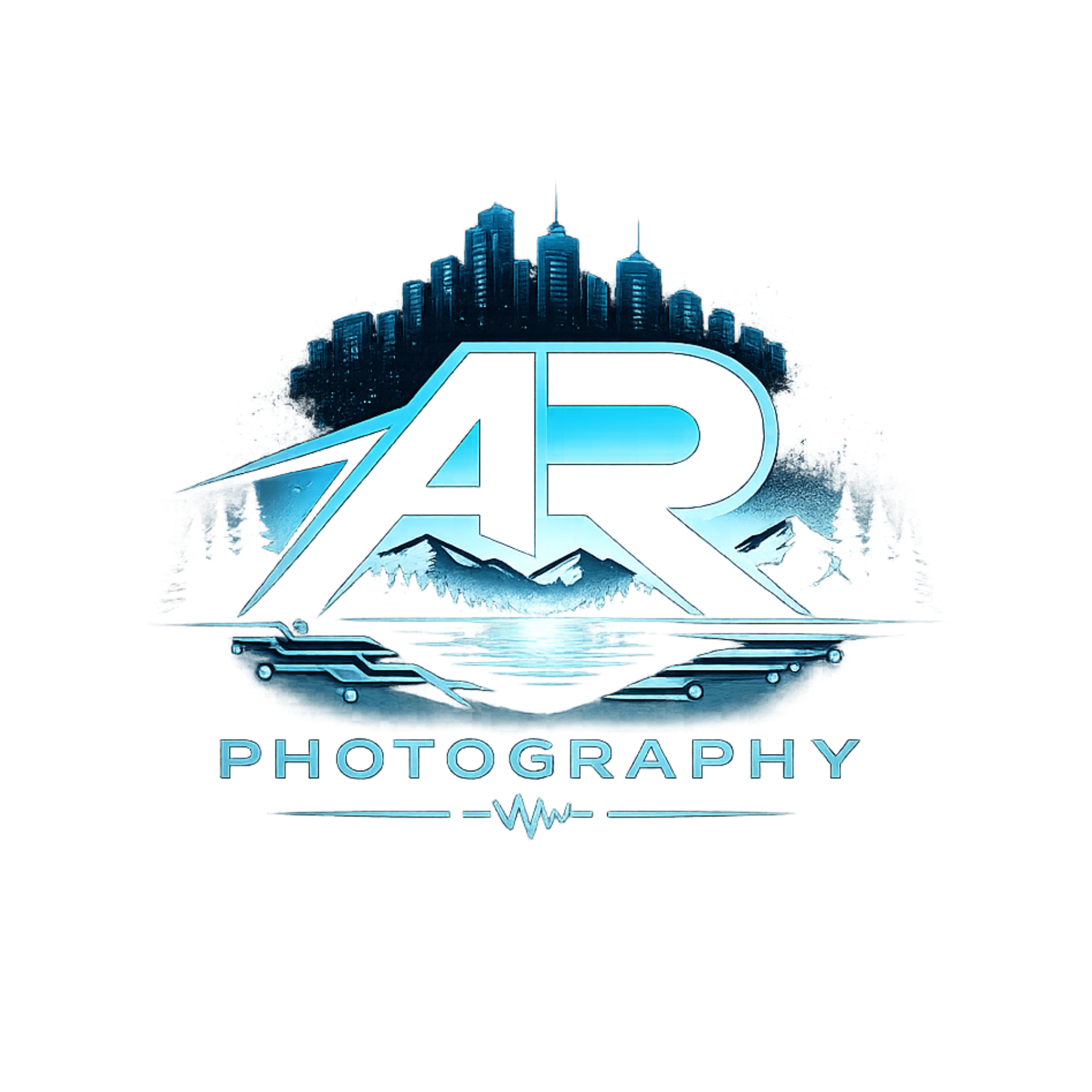 A digital logo for AR Photography featuring a city skyline, mountains, water reflection, circuit board design, and colorful lettering spelling AR Photography.