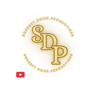 Close-up of a circular gold and brown logo for Squeaky Door Productions, with the initials SDP in the center, surrounded by the text 'Squeaky Door Productions' repeated along the edge.