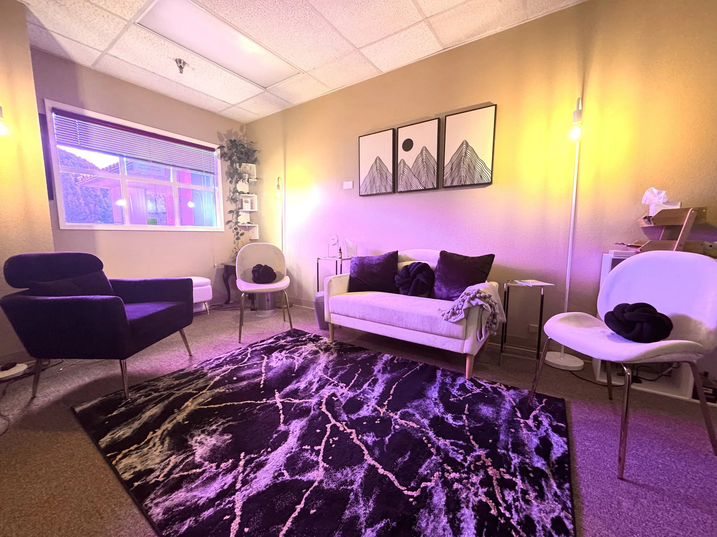 Living room with modern furniture, including a black armchair, white chair, white sofa with black pillows, and a patterned rug on beige carpeted floor. There is a large window with blinds and art prints of mountain peaks and a sun on the wall. The room has soft, warm lighting.