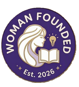 woman founded badge with lightbulb and book on blue background says est. 2026