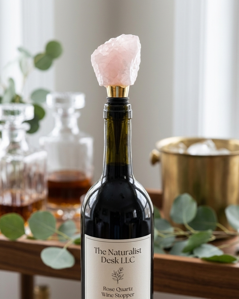 rose quartz wine bottle stopper inside a wine bottle resting on a table