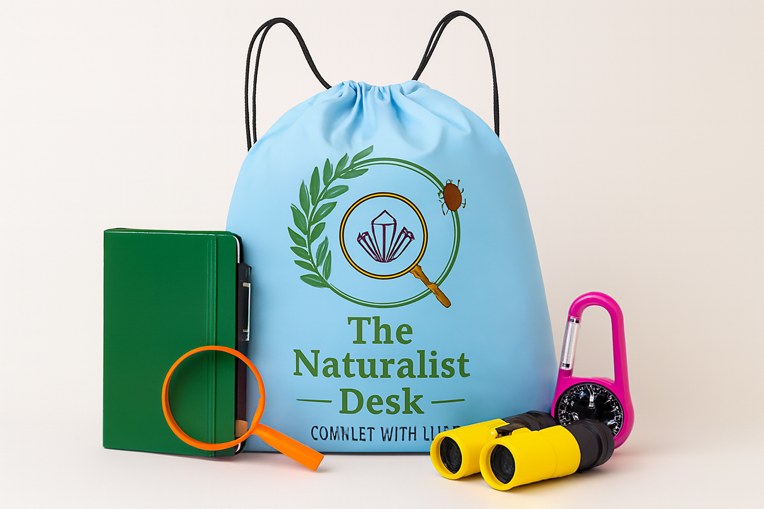 The+Naturalist+Desk+Blue+Backpack+Adventure+Bag+and+binoculars+and+green+notebook+and+orange+magnifying+glass+and+compass+carabiner+.png