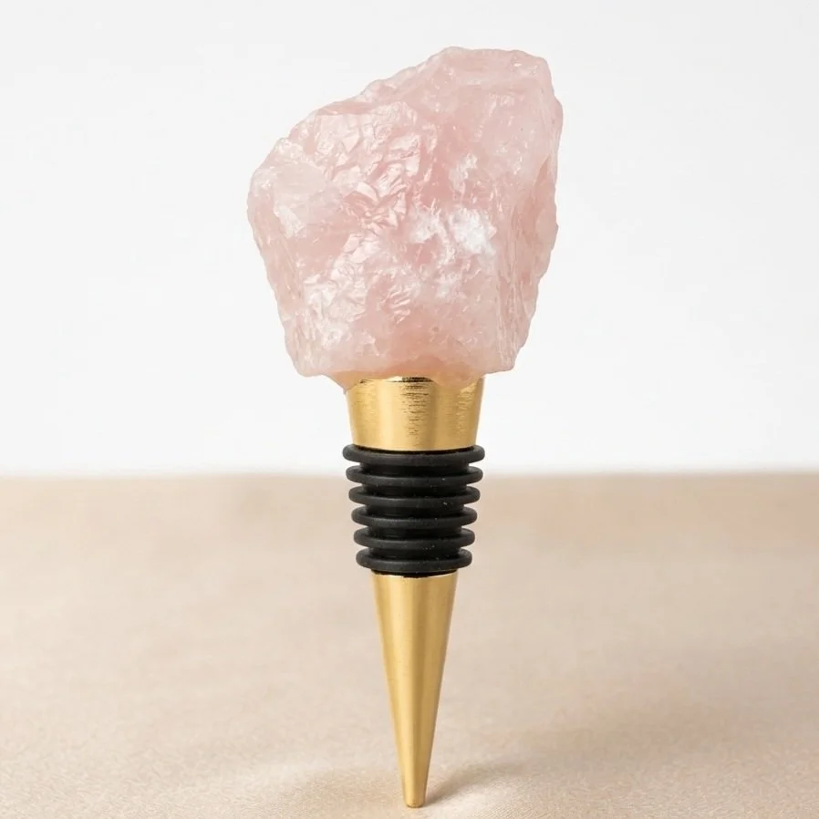 Rose quartz stone on a gold finish wine bottle stopper