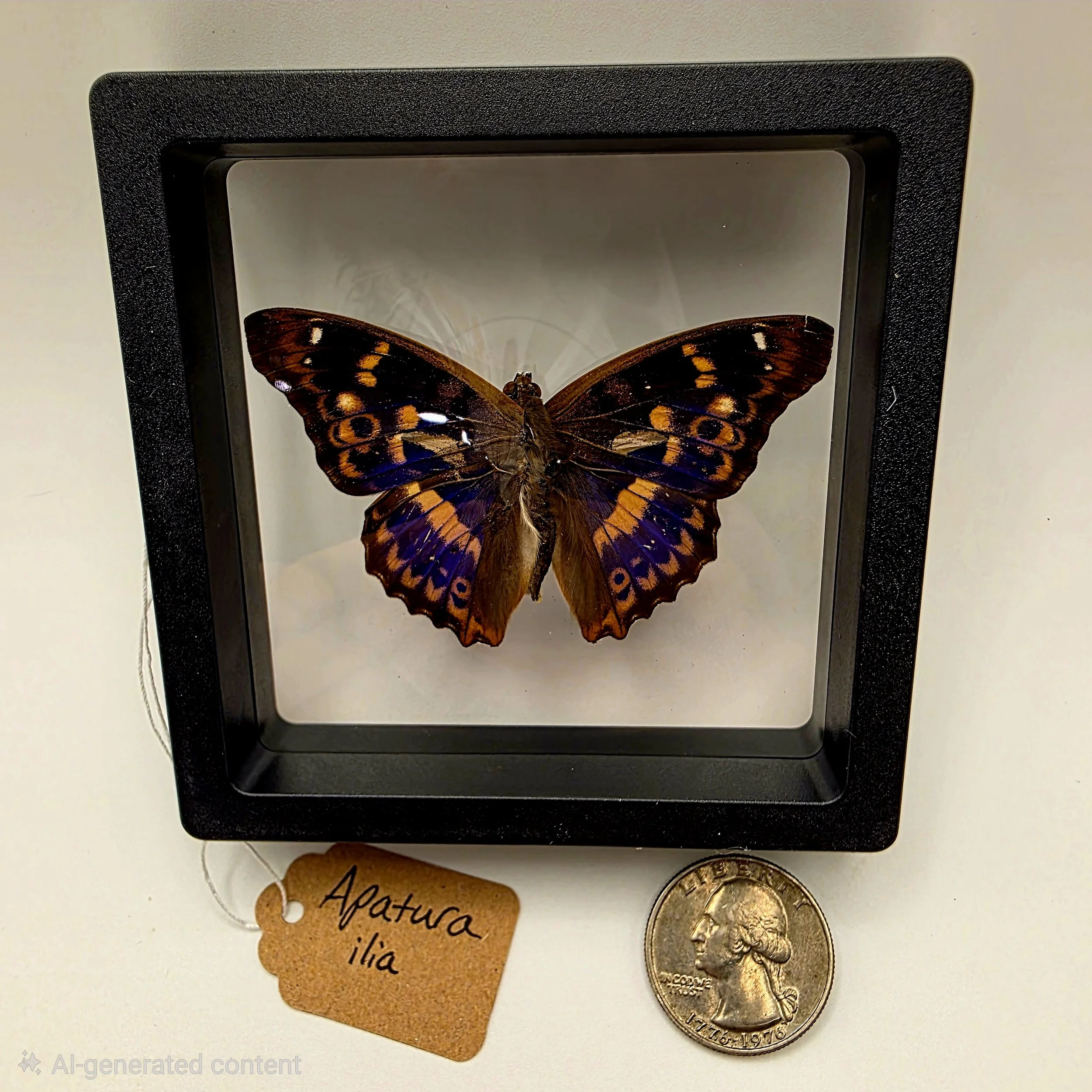 Apatura ilia butterfly specimen in frame