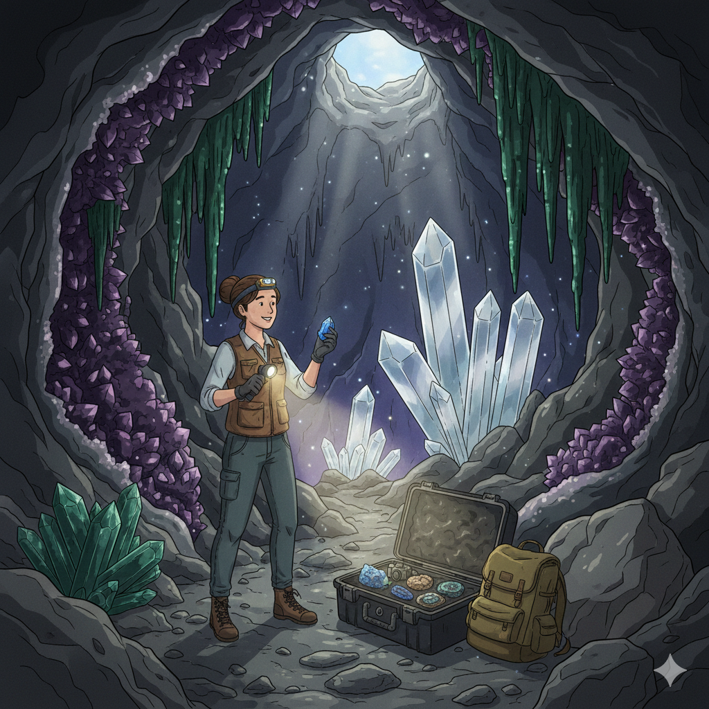 woman exploring in crystal cave
