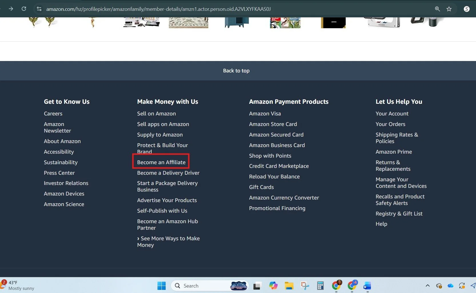 Screenshot of Amazon footer showing the 'Become an Affiliate' link under the 'Make Money with Us' section. Learn how to sign up for the Amazon Associates program.