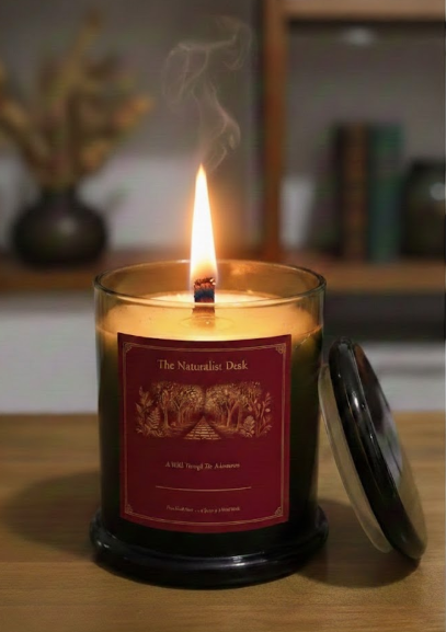 12oz Green Glass Candle with Wood Wick and Lit flame and Red Naturalist Label