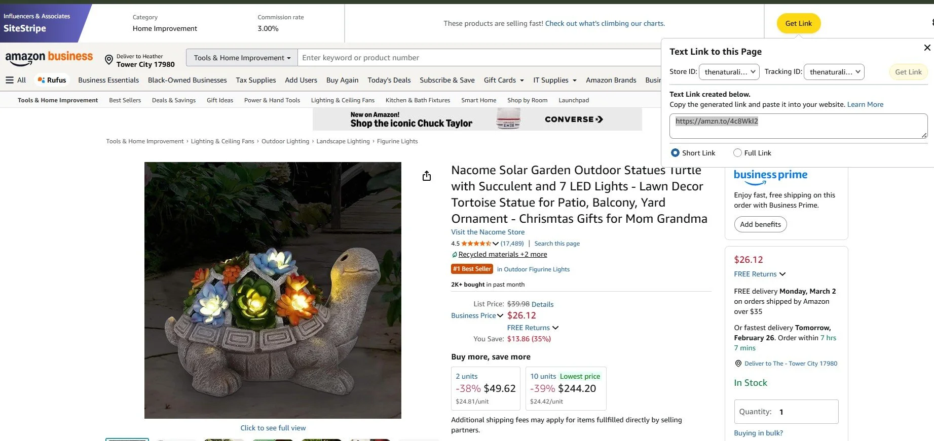Using Amazon SiteStripe to generate a short text link for a Nacome Solar Garden Turtle Statue with succulent and LED lights.