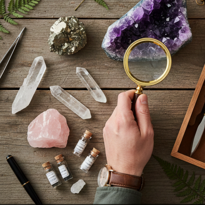 magnifying glass in hand over amethyst crystal and specimens on wood table