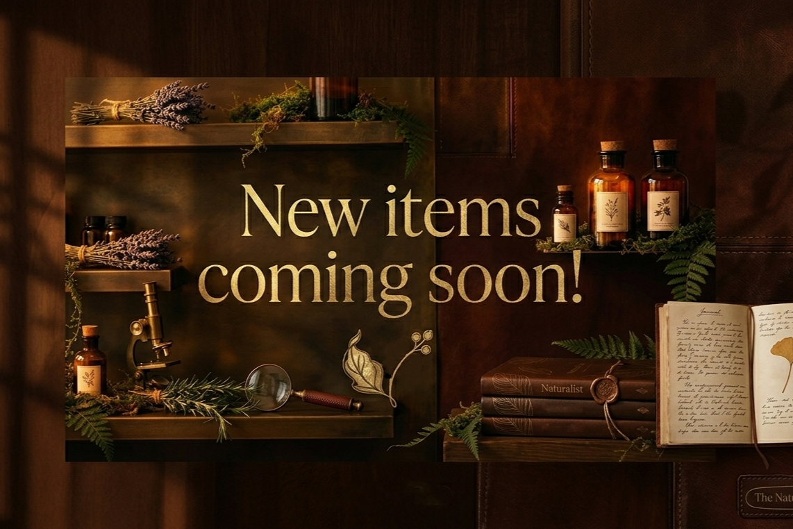 New+Items+Coming+Soon%21+with+lavender+and+rosemary+and+magnifying+glass+and+brown+glass+tincture+bottles+on+shelves+with+a+book+open+showing+a+ginko+leaf+drawing.png