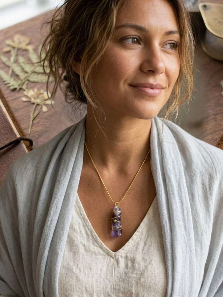 Celestial amethyst point gold wire star necklace